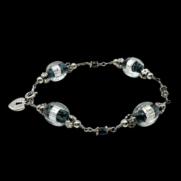 Lampwork Glass Foil Bead Bracelet Silver Tone Green Linked Handmade Boho Art - Picture 6 of 7